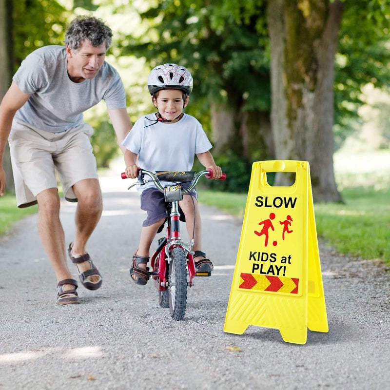 StrLon Slow Kids at Play Signs for Street, Double-Sided Text and Graphics with Reflective Tape, Children at Play Safety Sign for Neighborhoods Schools Park Sidewalk Driveway (2-Pack Yellow) - Image 4